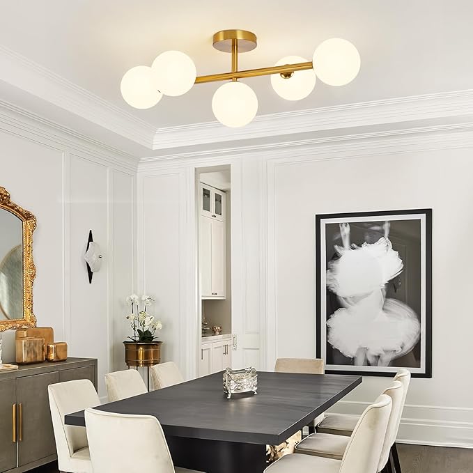 Globe Milk Glass Ceiling Light: Gold 5 Lights Semi Flush Mount Ceiling Light - Linear Century Modern Lighting Fixture - 27 Inch Brass Glass Lights with Sphere Shade for Bedroom Living Room Hallway