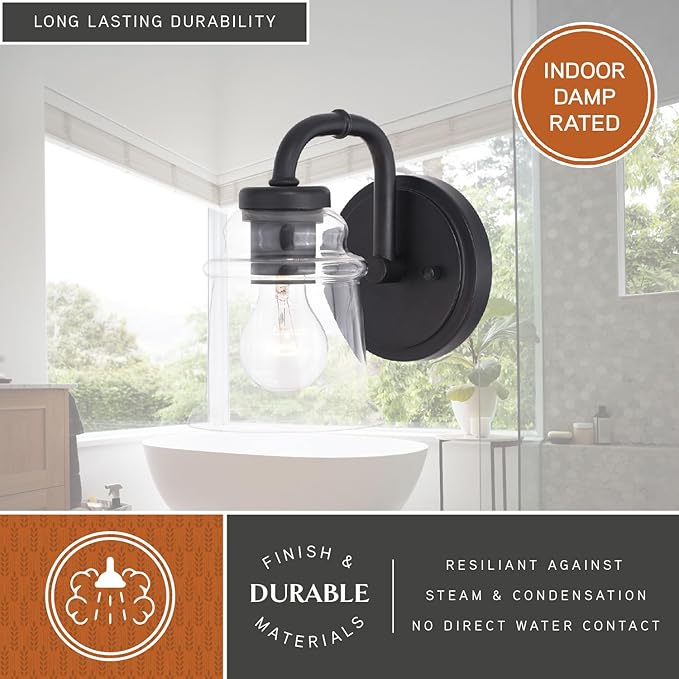 VAXCEL Toledo 1-Light 5.25 inch Wide Matte Black Industrial Bathroom Vanity Lighting Fixture, Clear Glass Shade, Dimmable, LED Compatible, Wall Mounted Steel Sconce