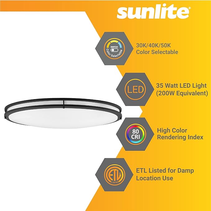 Sunlite 32" Oval Double Band Trim Flush Mount Light Fixture, 35 Watts, 3000 Lumens, Color Selectable 30K/40K/50K, Dimmable, ETL Listed, Matte Black, for Commercial & Residential Use
