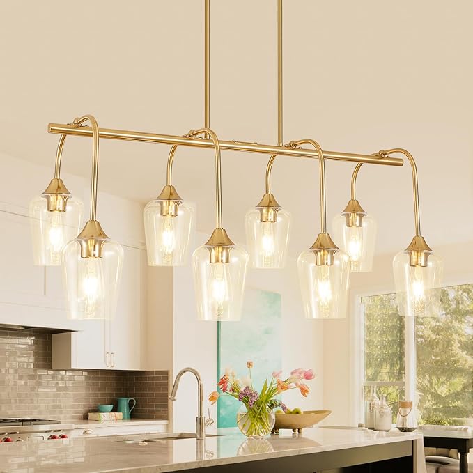 38" Dining Room Light Fixture/Chandelier Over Table, 8-Light Brushed Gold Kitchen Island Lighting with Clear Glass Shade, Modern Hanging Pendant Lights Fixture for Kitchen Island, Dining Room, Bar