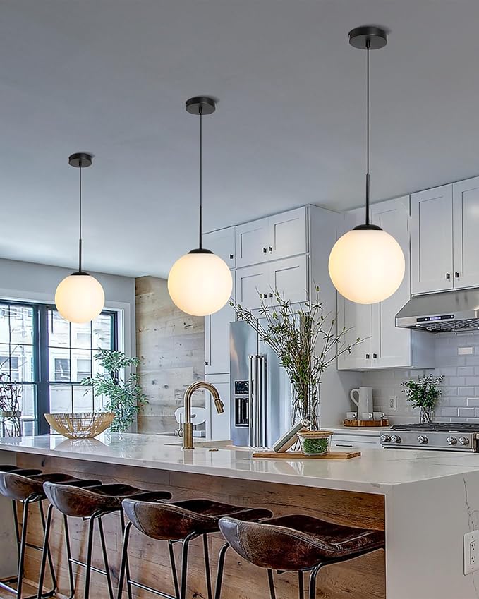 10" Milk Glass Pendant Light Mid Century Modern Globe Hanging Light Fixtures for Dining Room Kitchen Island Bedroom, Black