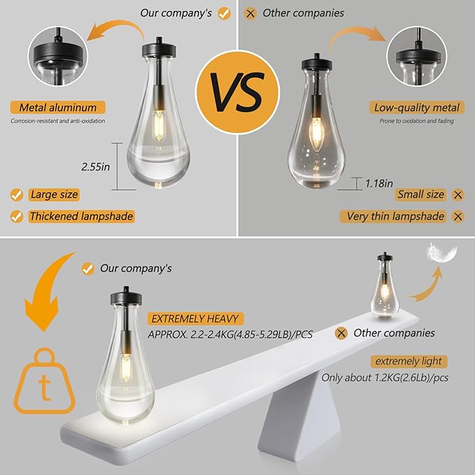 Raindrop Pendant Lights Kitchen Island Teardrop Black Hanging Light Fixtures Clear Solid Glass Pendant Light Modern Chandeliers for Dining Room Porch Corridor Living Room(7-Light)