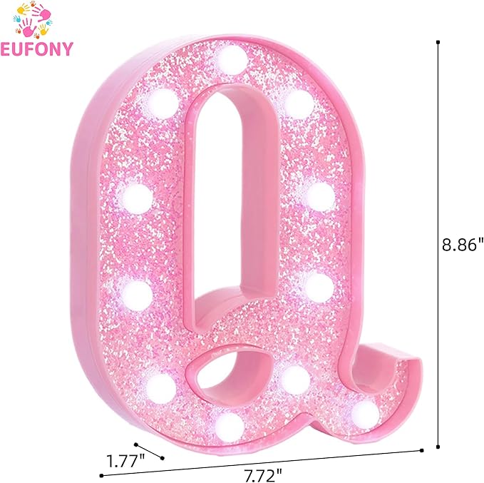 Pink Marquee Light Up Letters, Glitter Alphabet LED Letter Lights for Pink Birthday Party Decorations, Battery Operated Letter Sign for Girls Room Vanity Table Decor, Cool White Lights Letter Q