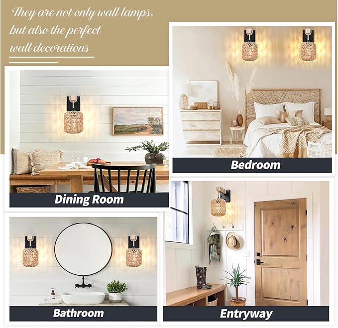 Rattan Boho Wall Sconce, Hardwired Hand-Woven Farmhouse Wall Lamps with Wooden Arm & On/Off Dimmable Switch,Large Rustic Indoor Wall Mount Light Fixtures for Bedroom Nursery Bathroom, 1 Pack