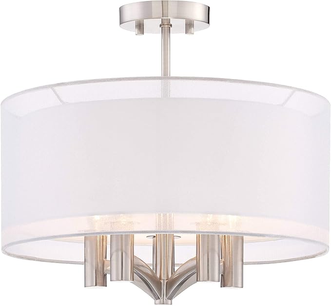 Possini Euro Design Caliari Modern Ceiling Light Semi Flush Mount Fixture Brushed Nickel 18" Wide 5-Light Sheer Silver White Linen Double Drum Shade for Bedroom Kitchen Living Room Hallway Bathroom