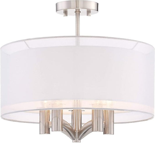 Possini Euro Design Caliari Modern Ceiling Light Semi Flush Mount Fixture Brushed Nickel 18" Wide 5-Light Sheer Silver White Linen Double Drum Shade for Bedroom Kitchen Living Room Hallway Bathroom