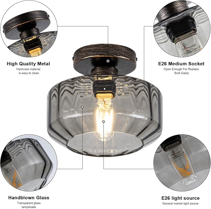 Tbaoinal Semi Flush Mount Ceiling Light Textrued Smoked Glass Shade Matal Base Inclede LED Bulb,for Kitchen/Hallway/Entryway/Bathroom for a Black Champagne Gold