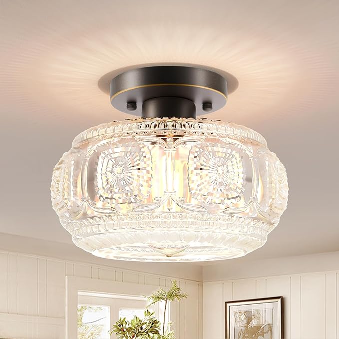 Semi Flush Mount Ceiling Light, Globe Glass Ceiling Light Fixture, Oil Rubbed Bronze with Gold Trim Modern Lighting for Hallway Bedroom Entryway Kitchen Porch, Bulb Not Included