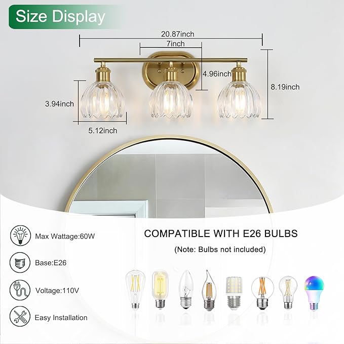 3-Light Bathroom Light Fixtures, Gold Vanity Lights for Bathroom with Ribbed Clear Tulip Glass Shade, Brass Vintage Wall Scone Lighting Over Mirror for Farmhouse,Bedroom,Living Room,Hallway