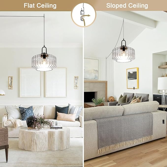 Hanging Pendant Light Plug in Plug in Pendant Lamp Globe Hanging Lights with Plug in Cord for Bedroom Mid Century Modern Ceiling Light fixtures Clear Striped Glass Swag Lights Kitchen