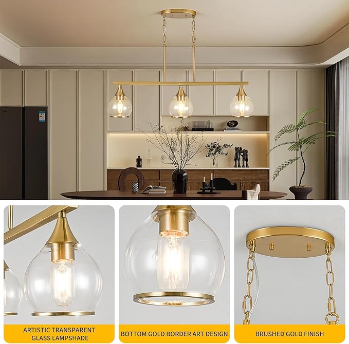 Island Light for Kitchen, 3-Light Gold Kitchen Island Linear Hanging Pendant Chandeliers, Brushed Gold Dining Room Light Fixture Over Table with Clear Round Glass Shades