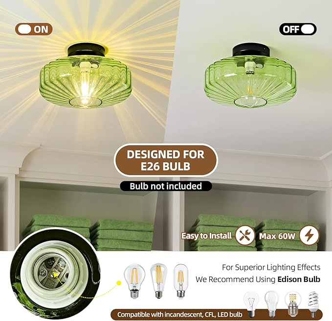 Glass Semi Flush Ceiling Lights - 12 in Vintage Mid Century Modern Lighting Fixture - Green Drum Unique Art Deco Mount Light Fixtures for Hallway Entry Way Hall Kitchen Dining Laundry Room Foyer Porch