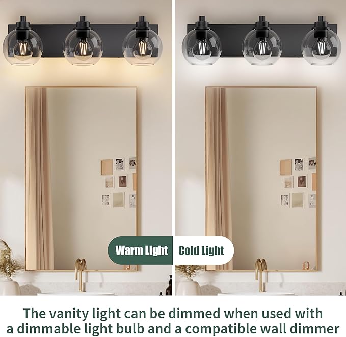 Espird Bathroom Light Fixtures-Matte Black Vanity Lights for Bathroom, Modern Black Vanity Lights 3-Light Bathrooms Lighting Fixtures Over Mirror with Clear Glass Shade