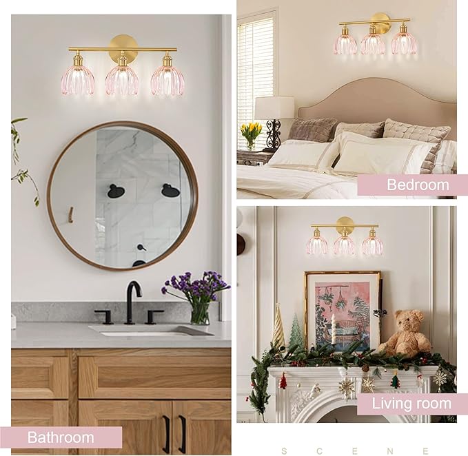 Gold Bathroom Light Fixtures Over Mirror, 3 Light Bathroom Vanity Light Fixture with Tulip Pink Glass Lampshade, Vintage Vanity Lights for Bathroom, Bathroom Vanity Lights Over Mirror