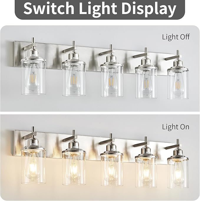 Lanhall 5-Light Brushed Nickel Bathroom Light Fixture Over Mirror Modern Bathroom Vanity Light Vintage Wall Lighting with Clear Glass Shade for Bathroom, Bedroom, Hallway, Cabinet