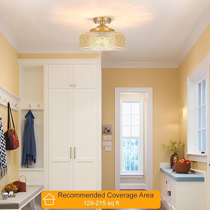 Gold Semi Flush Mount Ceiling Light, 3-Light Close to Ceiling Light with Amber Glass, Vintage Hallway Lights, Brass Closet Light Fixture, Kitchen Flush Ceiling Mount for Entryway Bedroom Bathroom,E12