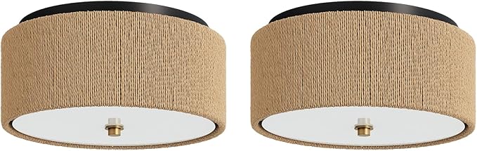 Nathan James Juluca Boho Light Fixture, Flush Mount Ceiling Light with Frosted Glass Diffuser, Rustic Boho Ceiling Light with Seagrass Shade Set of 2
