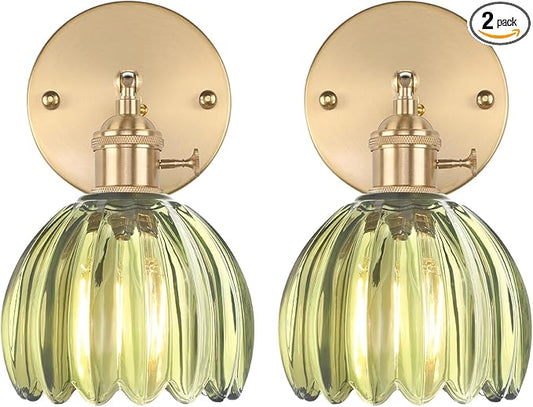 Shenmoyl Vintage Wall Sconces Set of 2 with Green Tulip Glass Lampshade 180 Degree Adjustable Brass Sconces Hradwired Modern Wall Lighting Fixture with Switch for Bedside Bedroom Doorway