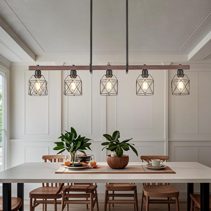 5-Light Modern Farmhouse Island Lighting, Adjustable Height Rustic Chandelier with Walnut Metal Frame & Matte Black Geometric Shade, E26 Base Hanging Light for Dining Room Over Table