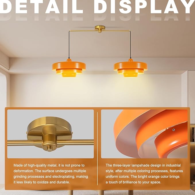 Industrial Vintage Adjustable 2-Light Pendant Light Kitchen Island, Brass Ceiling Hanging Light Fixture with Metal Shade for Dining Room, Living Room, Entryway, Easy to Install