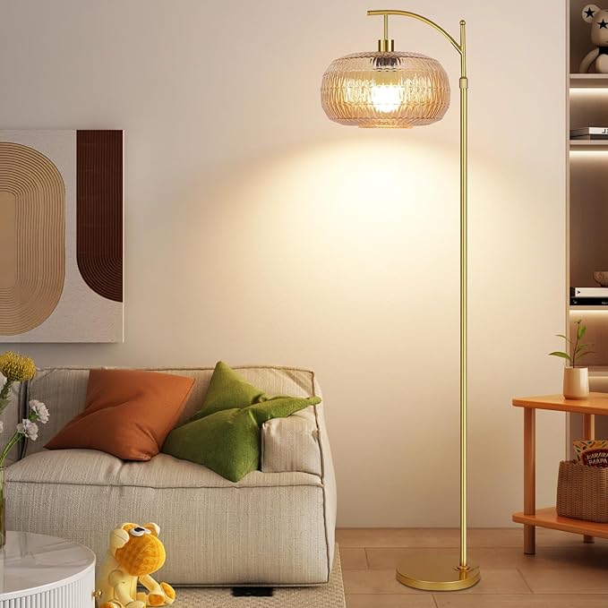QIYIZM Glass Floor Lamp for Living Room,Bedroom,Gold Dimmable Standing Lamp with Remote,Mid Century Modern Brass Tall Lamp Retro Vintage Lamp Floor Light Boho Bohemian