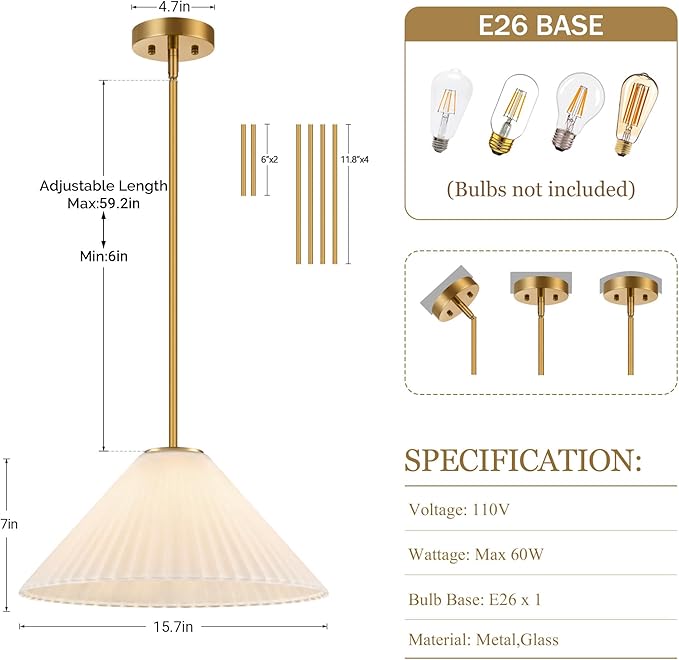 15.7 Inch Modern Pendant Lights, Ribbed Milk Glass 1-Light Single Pendant Lighting Fixtures, White Cone Mid Century Ceiling Hanging Light for Kitchen Island Dining Room Over Sink Table Hall