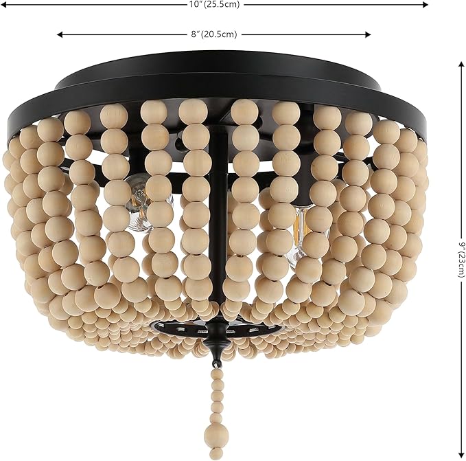 JONATHAN Y 10" Black/Cream Allison 2-Light LED Flush Mount Ceiling Light for Bedroom, Wood Beaded Shade Shabby Chic Farmhouse Rustic Decor, LED Bulbs Included (JYL9074B)