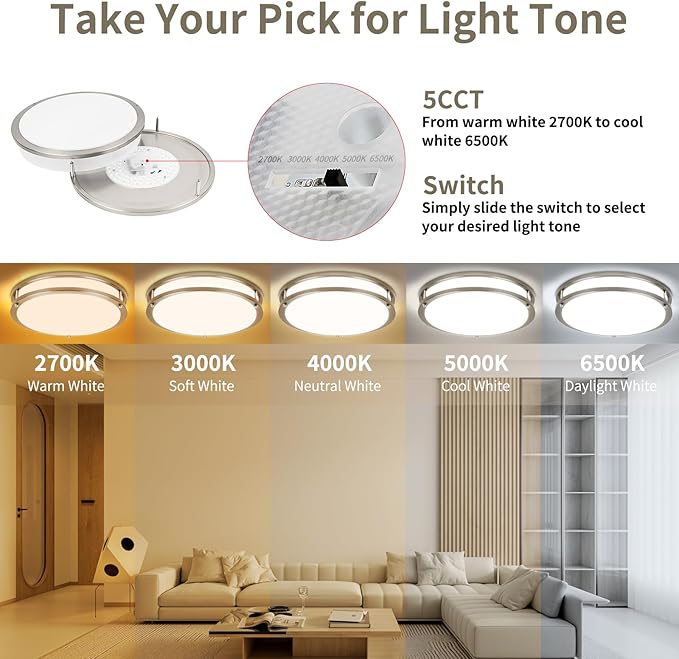 13Inch 36W Ceiling Light Fixture, 5CCT Flush Mount Ceiling Mount Light 2700K 3000K 4000K 5000K 6500K Adjustable, Dimmable Close to Ceiling Light, LED Ceiling Light for Bathroom Kitchen Bedroom, Nickel