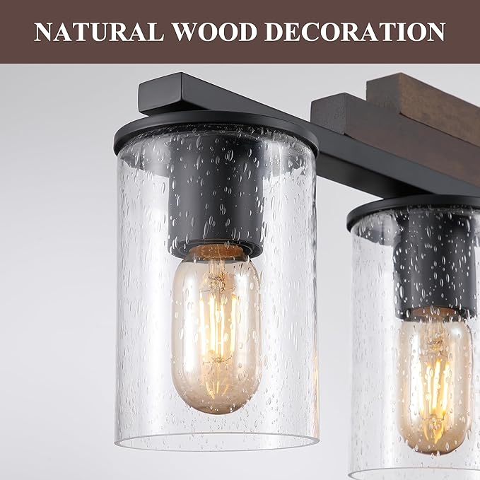 Farmhouse Wood Kitchen Island Lighting, 5-Light Adjustable Chandelier for Dining Room, Seeded Glass Shade Dining Room Light Fixture Over Table, Black Hanging Pendant Lights for Kitchen, Pool Table
