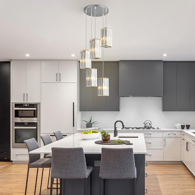 Modern Pendant Light Chrome Rectangle Pendant Lighting Mini Crystal Chandeliers Adjustable Pendant Light Fixture for Kitchen Island Dinning Room Living Room Corridor Bedroom(Chrome 5-Light)