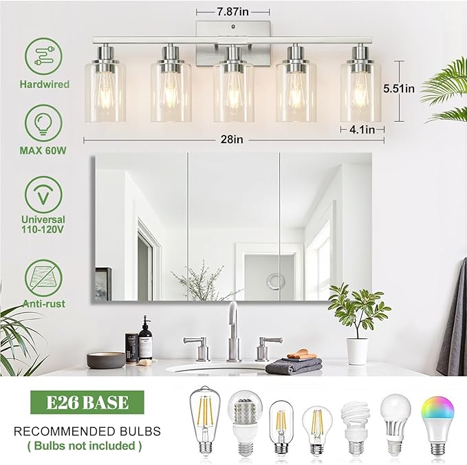 MOKATNG 5-Light Bathroom Light Fixtures, Vanity Light with Clear Glass Shades, Brushed Nickel Bathroom Light Fixtures Over Mirror, Modern Bathroom Wall Lamp for Mirror Living Room Cabinet Bedroom