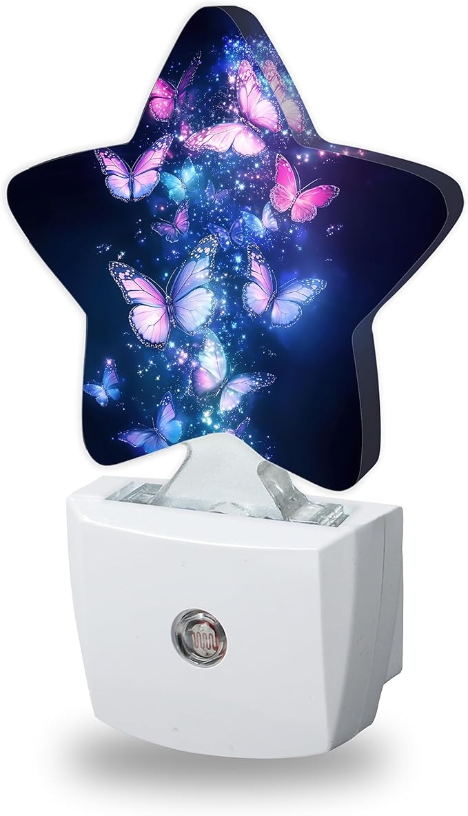 Flying Butterflies Night Lights Plug Into Wall,Glowing Stars Dusk to Dawn Light Sensor Night Light for Kids,Energy Efficient Sleep Friendly Lamp for Bedroom Bathroom Nursery