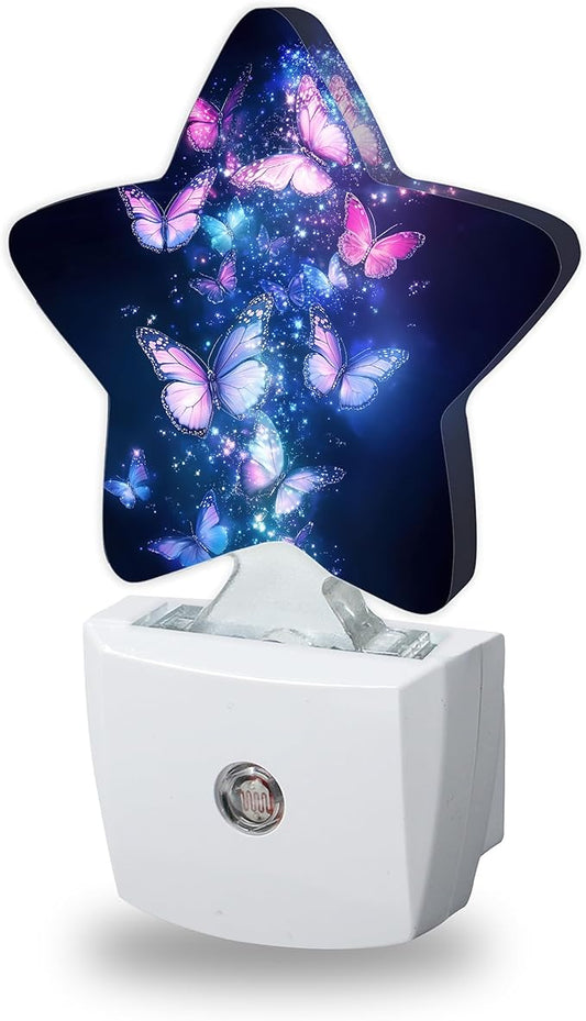 Flying Butterflies Night Lights Plug Into Wall,Glowing Stars Dusk to Dawn Light Sensor Night Light for Kids,Energy Efficient Sleep Friendly Lamp for Bedroom Bathroom Nursery