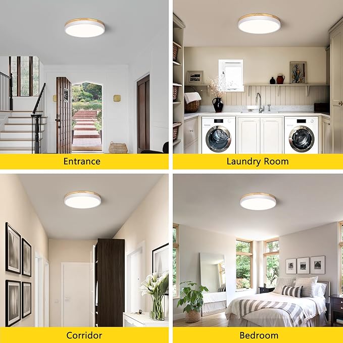 Modern Wood White Flush Mount Ceiling Light, 11.81" Round LED Low Profile Close to Ceiling Fixture for Kitchen Bedroom Bathroom Laundry Hallway Entryway Closet Living Room