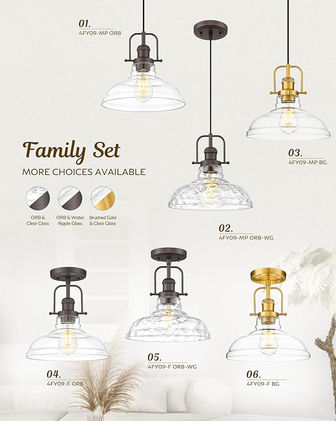 FEMILA 11" Gold Pendant Light Fixture, Vintage Pendant Lighting with Clear Glass Shade for Kitchen Island, Adjustable Hanging Light, Brushed Gold Pendant Lights, 4FY09-MP BG