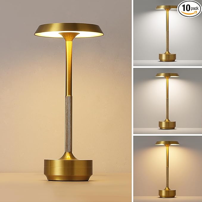 Wireless Desk Lamp Rechargeable 5000mAh Battery Powered Lamp for Counter 3 Color Stepless Dimmable LED Wireless Light for Dining Room Kitchen Outdoor Terrace Support Touch Control (Gold)