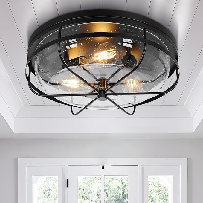16 Inch Light Fixtures Ceiling Mount, Close to Ceiling Light with Seeded Glass, Outdoor Indoor Flush Mount Ceiling Light for Bedroom Living Room Kitchen Porch Hall Patio, ROS91AL-BK