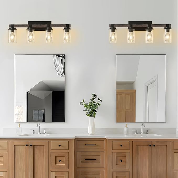 Farmhouse Bathroom Vanity Light 4 Light Sconces Wall Lighting Wood Rustic Bathroom Light Fixtures Over Mirror Vintage Industrial Wooden Black Vanity Light for Bedroom Hallway Kitchen