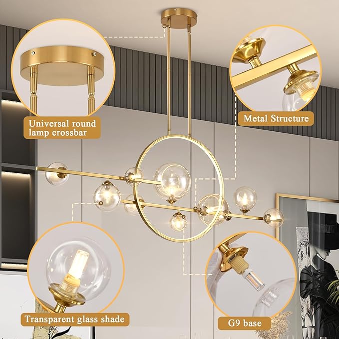KELUOLY 10-Light Gold Kitchen Island Light, 54" Modern Dimmable Mid-Century Dining Room Chandelier, Linear Sputnik Pendant Lights with Globe Clear Glass Shade for Dining Room Kitchen Island, bar