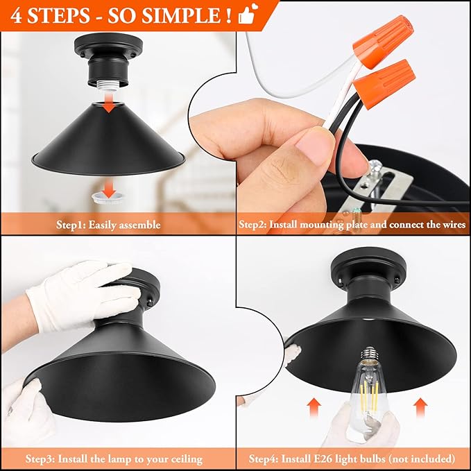 Brightever 2-Pack Industrial Semi Flush Mount Ceiling Lights, Matte Black Farmhouse Light Fixtures, Close to Ceiling Lights for Kitchen, Laundry Room, Entryway, Hallway E26 Base, Bulb not Included