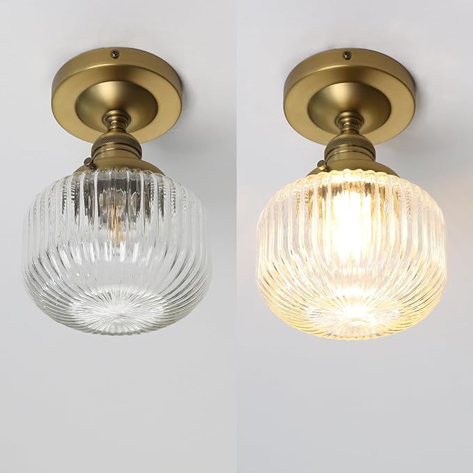 Industrial Semi Flush Mount Ceiling Light, Clear Striped Glass Lampshade Farmhouse Pendant Fixture, Close to Ceiling Light Fixture for Porch, Hallway, Entryway, Kitchen, Bedroom, Hotel
