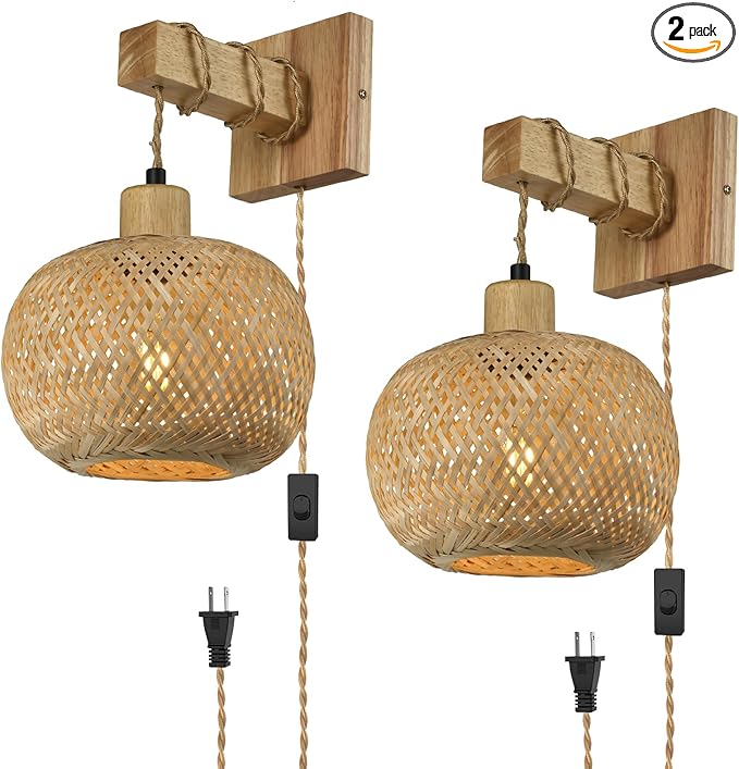 Boho Plug in Wall Sconces Set of Two,Vintage sconces wall Lighting for Bedroom Living Room Farmhouse Bamboo Shade- White