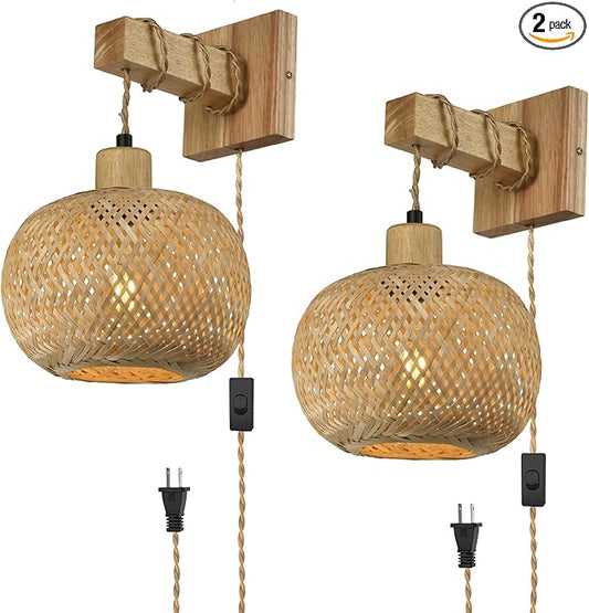 Boho Plug in Wall Sconces Set of Two,Vintage sconces wall Lighting for Bedroom Living Room Farmhouse Bamboo Shade- White