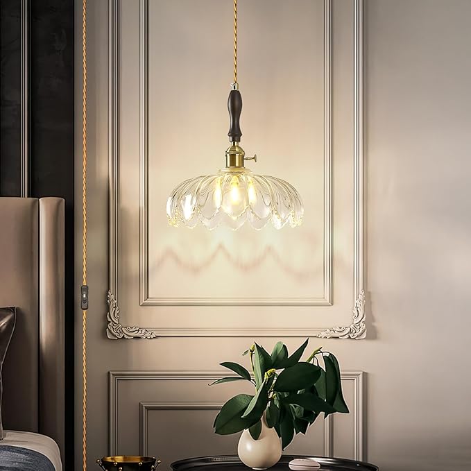 Modern Clear Plug in Glass Pendant Light Retro Flower Glass Hanging Lamp Gold Brass Decorative Adjustable Ceiling Hanging Light Suitable for Kitchen Island Bedroom Dining Room Living Room