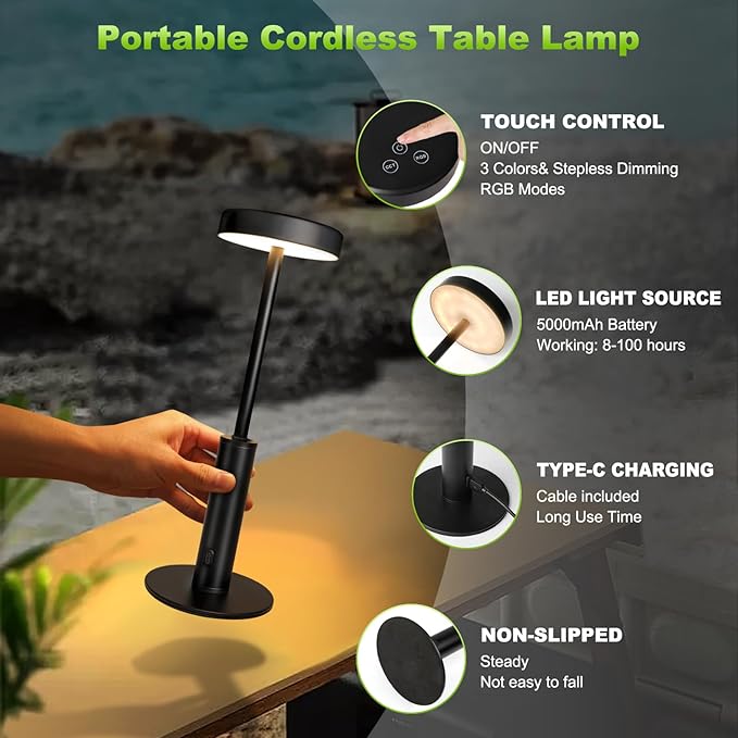 Wowag Small Cordless Table Lamps Rechargeable,5000mAh Battery Operated Portable Desk Lamp,3 Colors & RGB Stepless Dimmable Wireless Touch Lamps for Restaurant Home Dinner Dining Patio(Black)