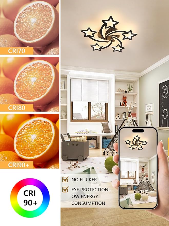 Goeco Kids Ceiling Light, 3 Light Modes (3000K/4500K/6500K) Modern Acrylic LED Close to Ceiling Light Fixture, Black Star Shape Flush Mount Lamp for Kids Room, Nursery, Bedroom, Living Room