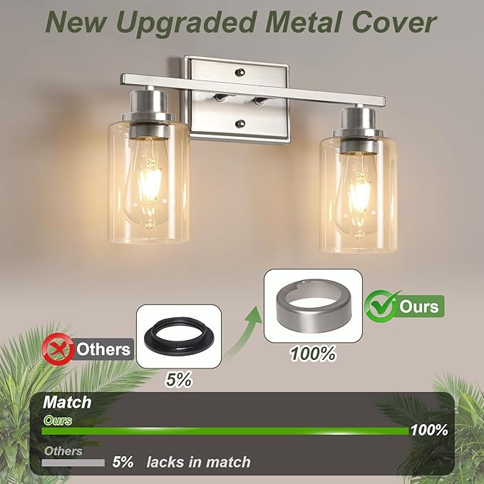 Unicozin 2 Light Bathroom Light Fixtures, Modern Vanity Lights Over Mirror, Brushed Nickel Wall Lamp with Clear Glass for Living Room Cabinet Bedroom Porch