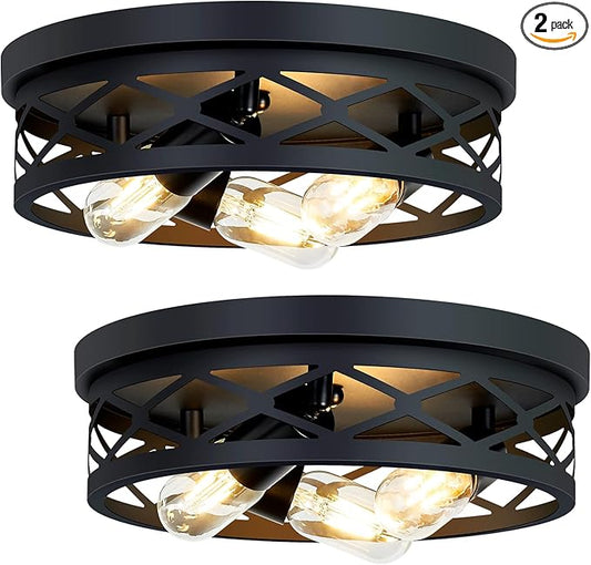 13in 3-Light Farmhouse Flush Mount Ceiling Light,Black Metal Cage Design,E26 Base Ceiling Fixtures for Kitchen Hallway Entryway (2 Pack)