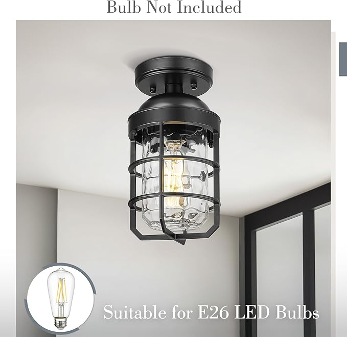 Emliviar Industrial Ceiling Lamp with Water Ripple Glass Shade, 11.1 Inch Classic Semi Flush Mount Light in Black Finish for Kitchen, GE255LF BK-WG