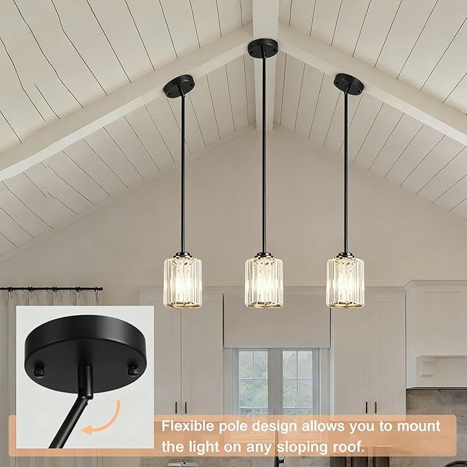 3 Pack Crystal Pendant Lights Kitchen Island, Adjustable Hight Modern Black Mini Chandelier, Ceiling Hanging Light Fixtures, Lamparas Colgantes for Kitchen Hallway Dining Room Bedroom